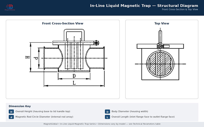 Diagrama estructural de la trampa magnética líquida en línea