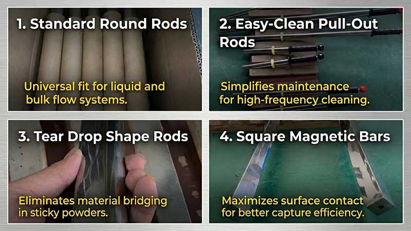 Wie wählt man die richtige Magnetstabform für die industrielle Eisenentfernung: Rund, quadratisch, tropfenförmig oder ausziehbar? 1 magnetic rod guide 6 | MagnetGlobal